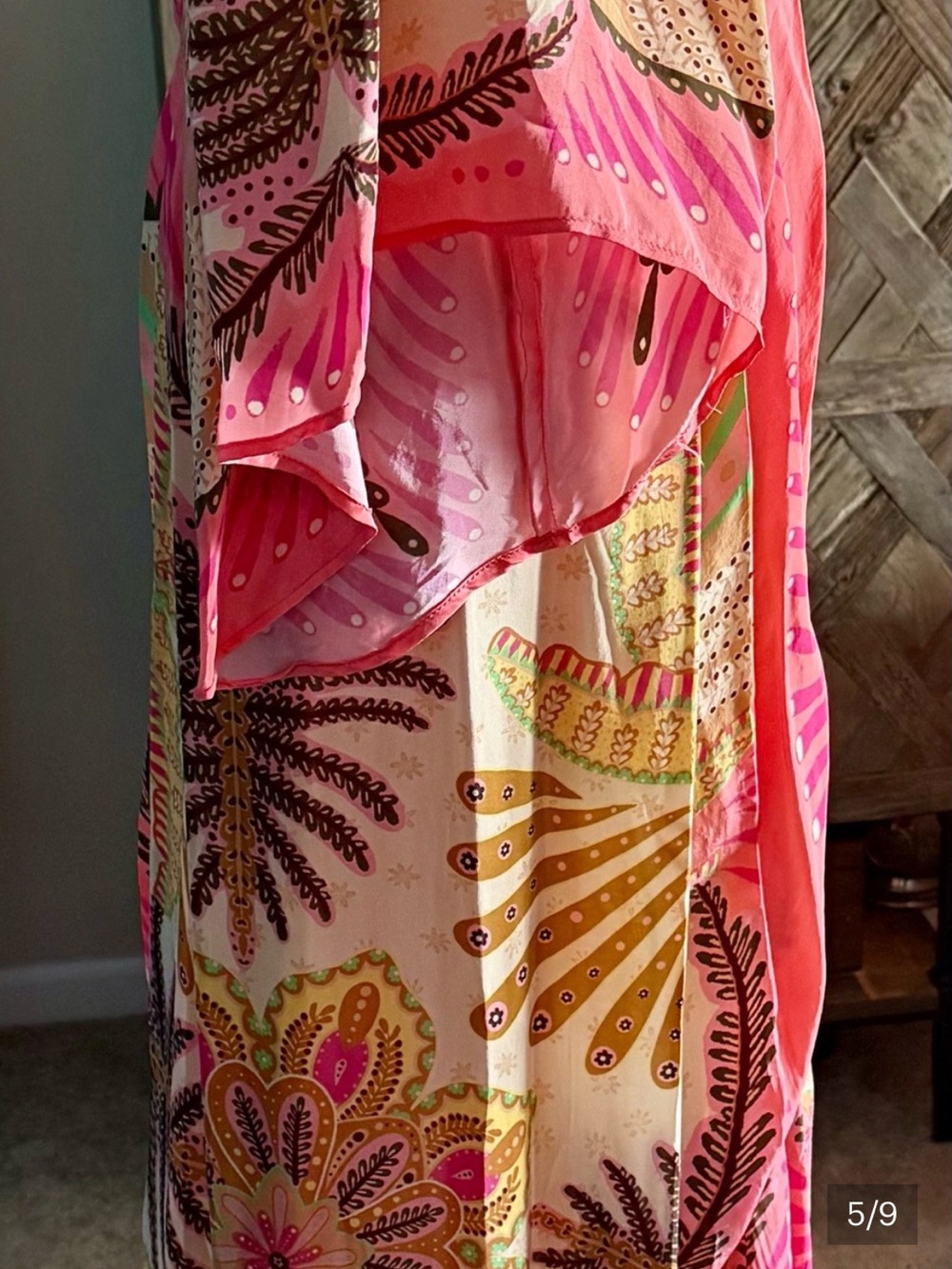 FARM Rio Palm Scarf Sand Coral Pink & Yellow Tropical Print Maxi Dress, NWT, XL - Picture 9 of 11